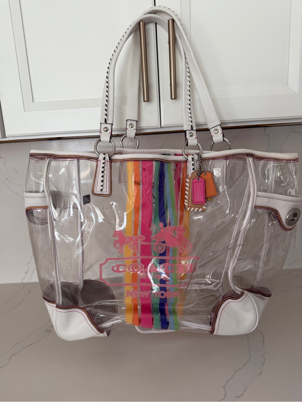 Vintage Coach Poppy  Multicolor Signature PVC Clear Beach Tote XL Shopper Bag